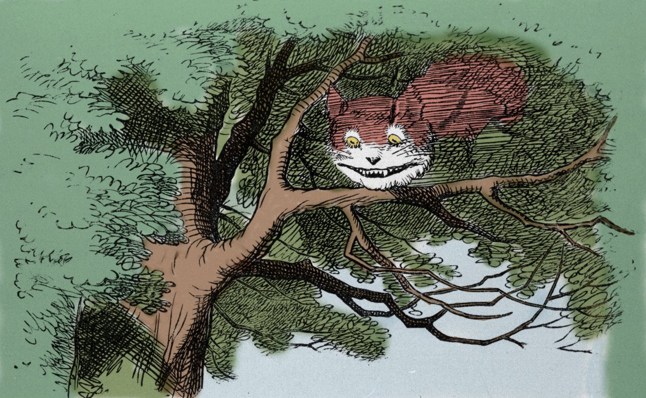 detalj av: Alice och katten, illustration av Sir John Tenniel för den första upplagan av berättelsen Alice i Underlandet av den engelske författaren Lewis Carroll (Charles Lutwidge Dodgson) (1832-1898). av John Tenniel