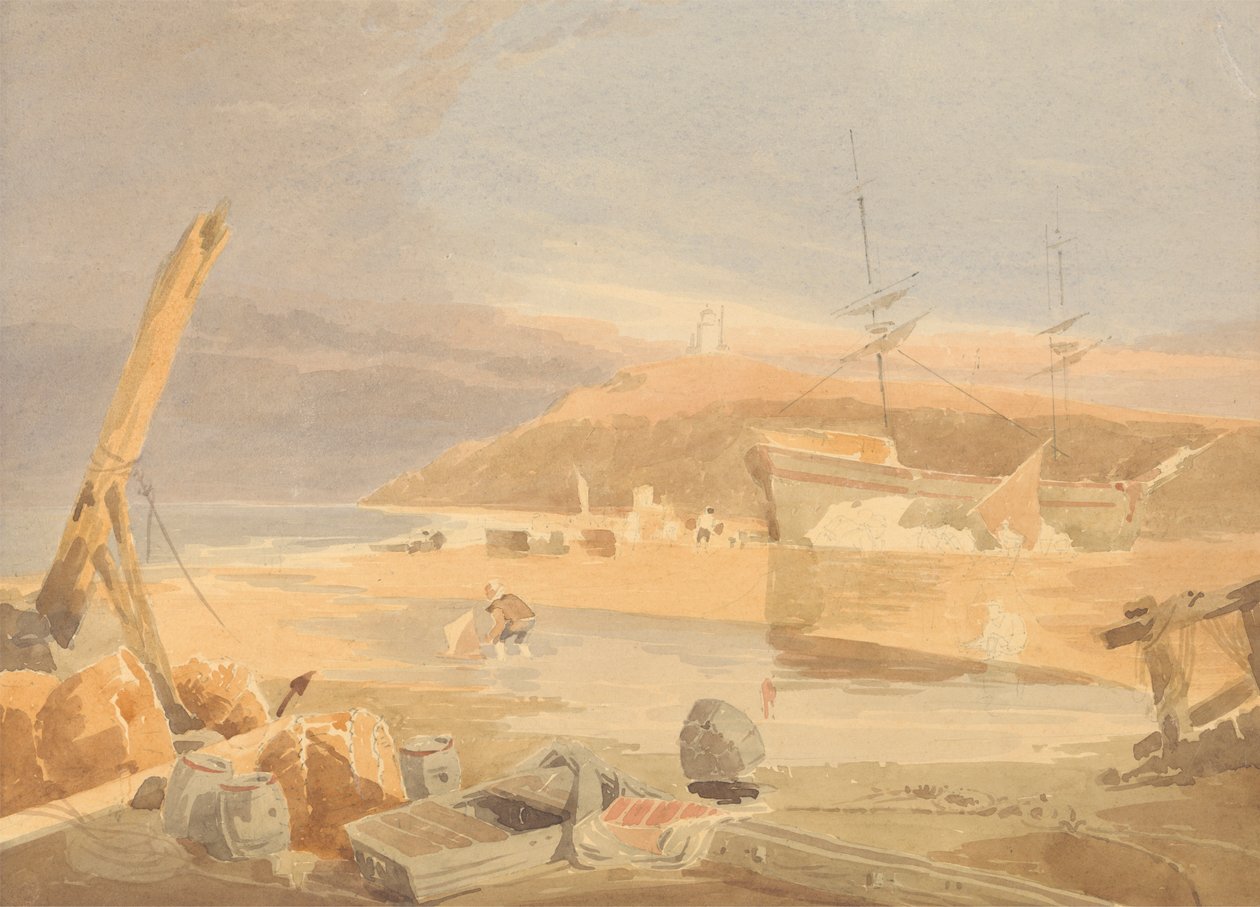 Strandscen med segelfartyg vid kajen av John Thirtle