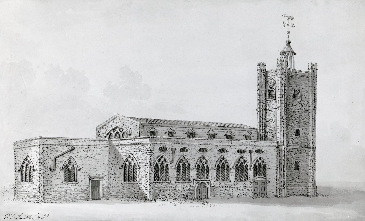 Gamla St Giles kyrka, ca 1718 (gravyr) av John Thomas (after) Smith