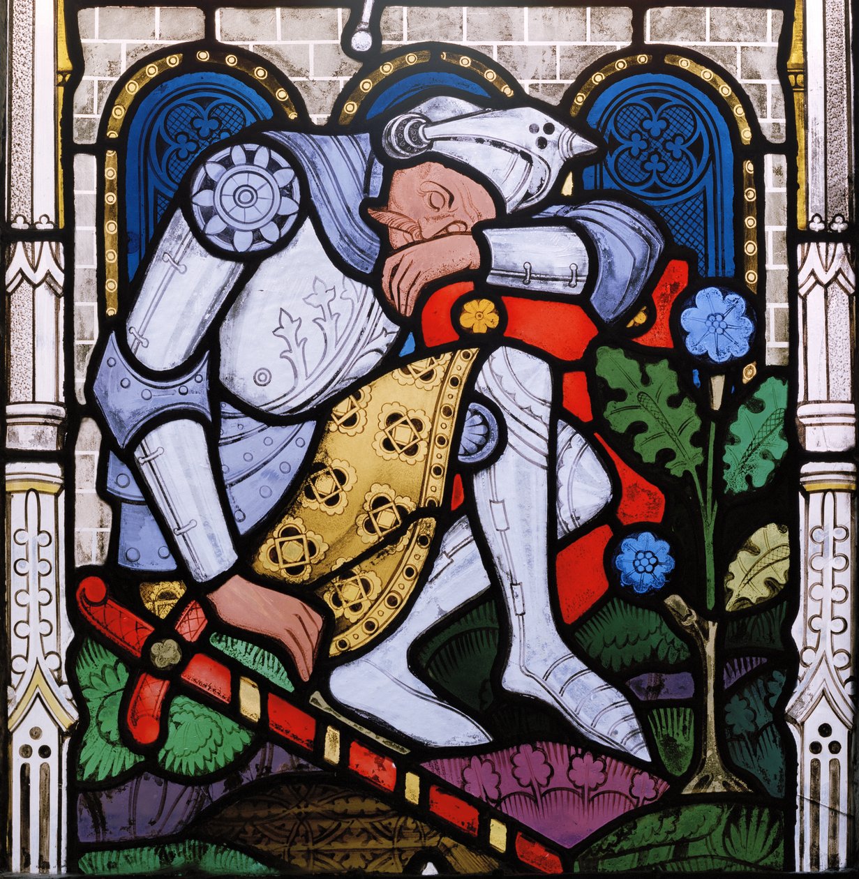 Sleeping Knight, detalj från The Resurrection window, 1863 (målat glas) av John Thomas Grylls