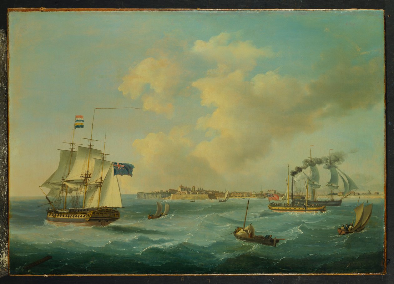 En fregatt med 44 kanoner, en paddelångare och annan frakt utanför St.Peter Port, Guernsey, 1825 av John Thomas Serres