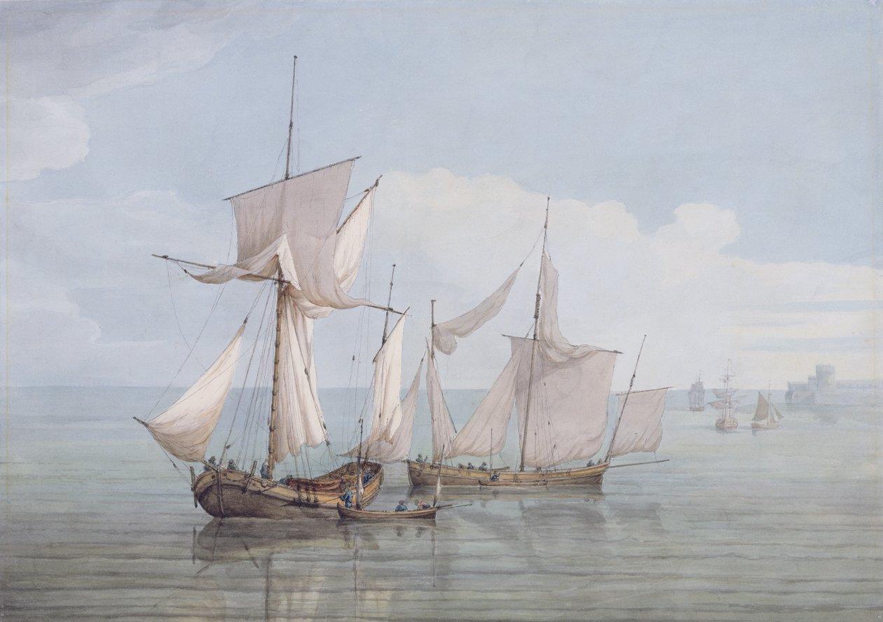En Hoy and a Lugger med annan frakt på ett lugnt hav (wc, penna och svart bläck på vävt papper) av John Thomas Serres