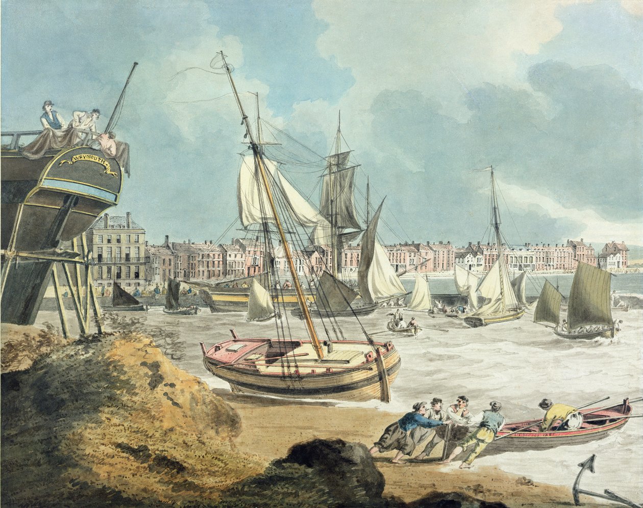 Harbour at Weymouth, Dorset, 1805 (penna, bläck och akvarell på papper) av John Thomas Serres