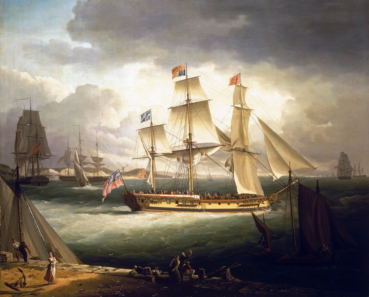 Den kungliga yachten "Royal Sovereign" ankrar utanför en hamnkust av John Thomas Serres