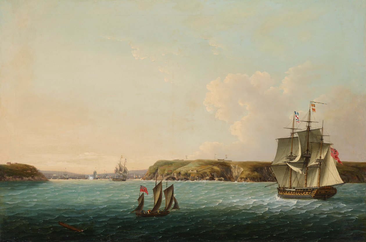 Kusten och inloppet till Brest, med HMS Boadicea som ger signal till en fregatt om antalet franska och spanska fartyg som ligger för ankar i hamnen av John Thomas Serres
