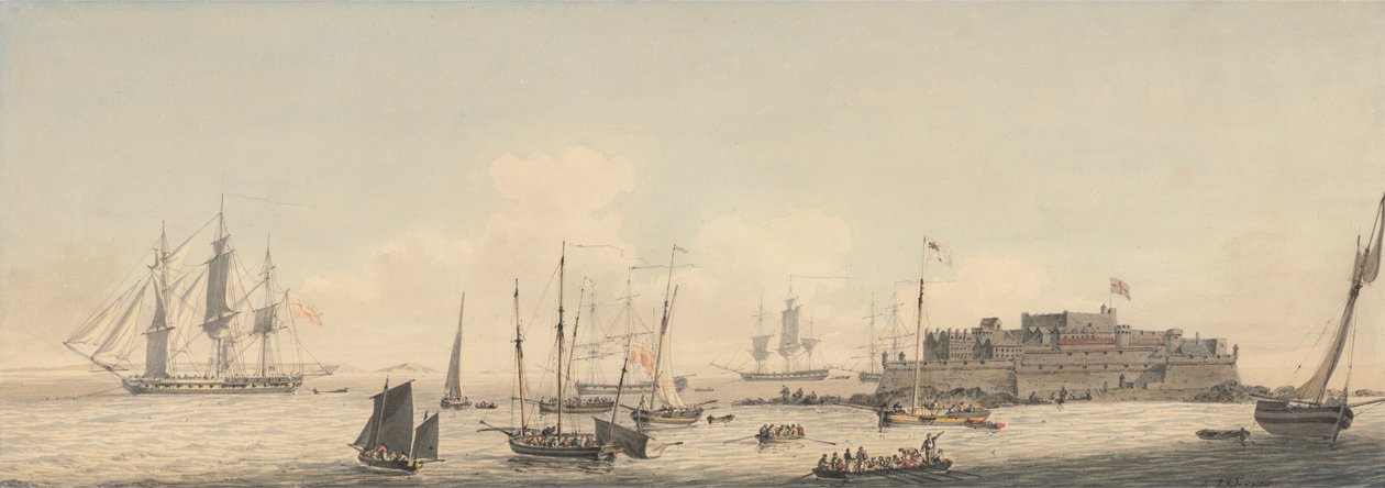 Utsikt över Castle Cornet, Guernsey, Kanalöarna, med frakt av John Thomas Serres