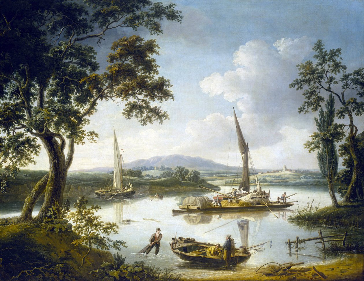 Utsikt över Themsen i Shillingford (England) med Dorchester Abbey i horisonten. Olja på duk av John Thomas Serres
