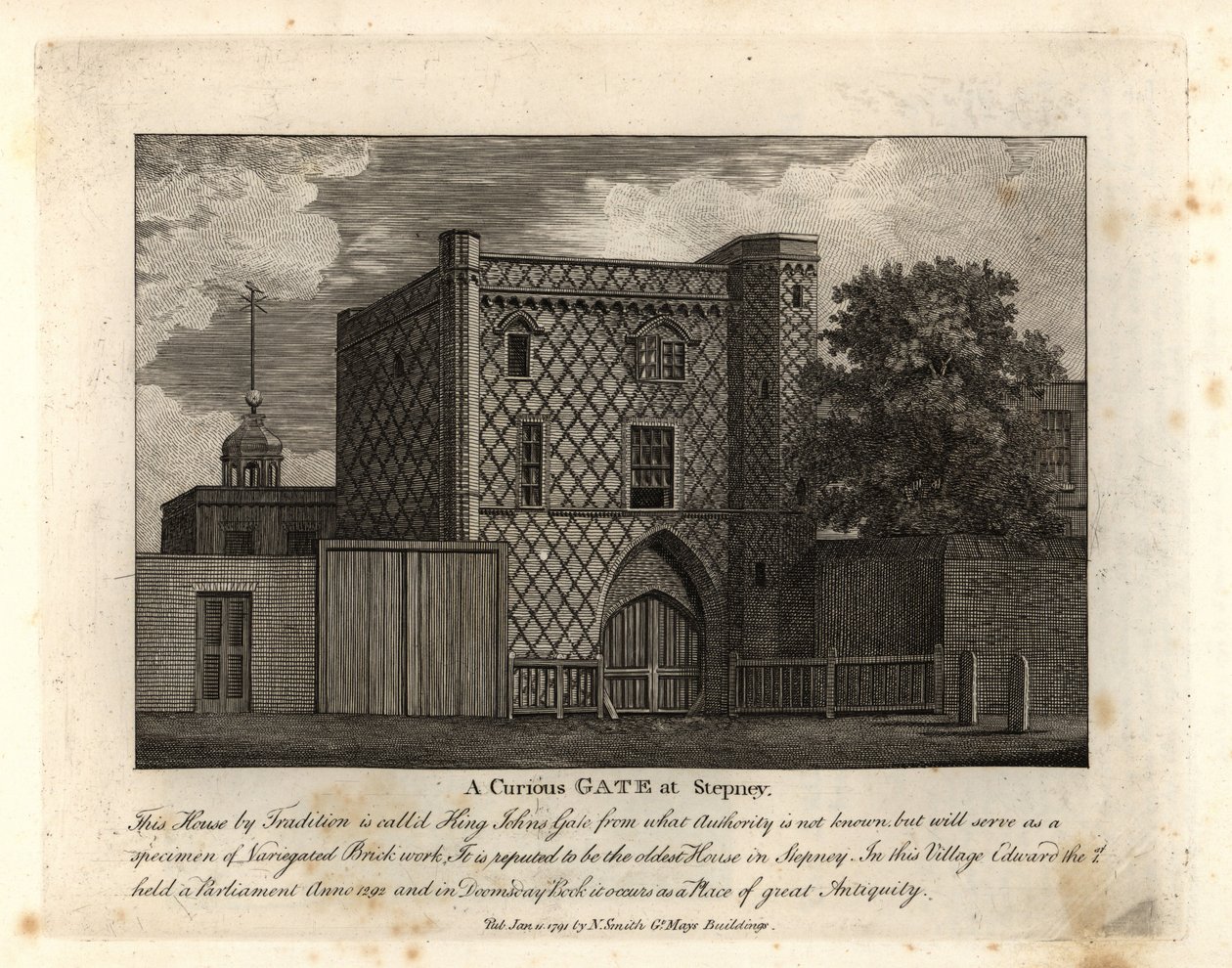 En nyfiken port i brokigt tegelverk som kallas St John Gate, det äldsta huset i Stepney av John Thomas Smith