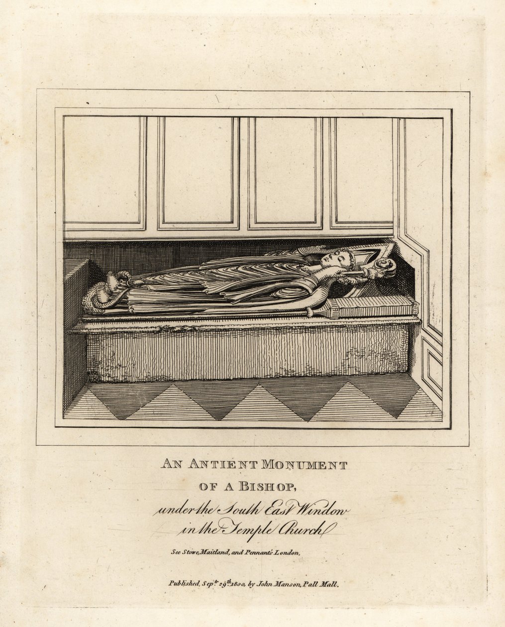 Forntida monument av en biskop under det sydöstra fönstret av 1100-talets Temple Church, London av John Thomas Smith