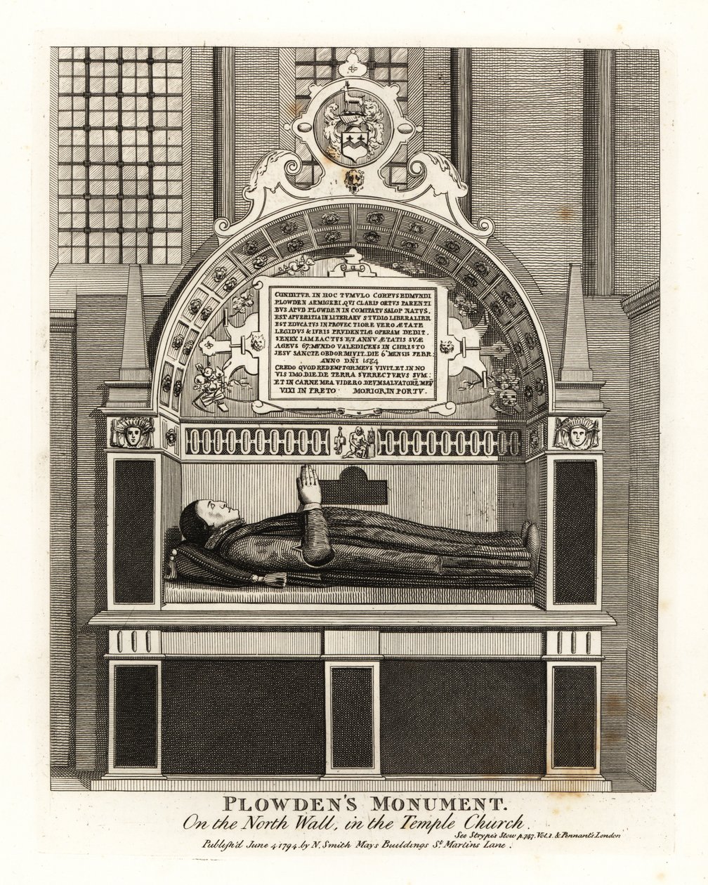 Edmund Plowdens monument på norra väggen i Temple Church av John Thomas Smith