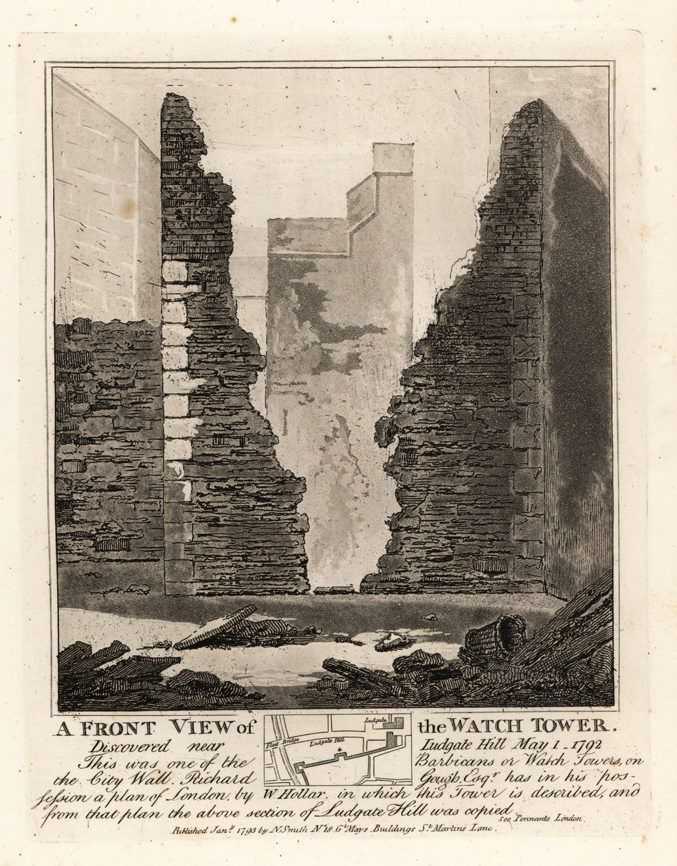 Framifrån av Vakttornet eller Barbican i stadsmuren upptäckt nära Ludgate Hill, 1 maj 1792 av John Thomas Smith