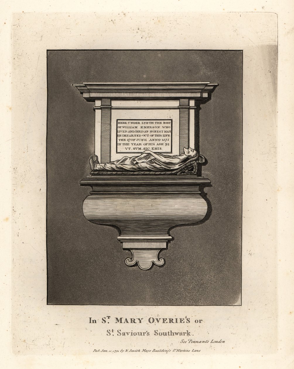Gravbild och monument till den hederlige mannen William Emerson, död 1575, i St Mary Overie