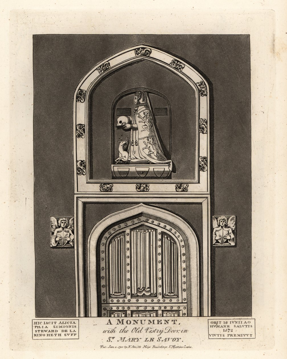 Gravbild av Alicia, dotter till Simon Steward, med den gamla vestrydörren i St Mary le Savoy av John Thomas Smith