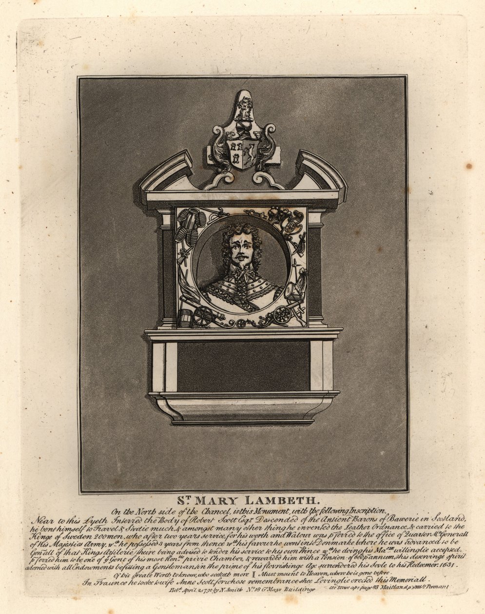 Gravbild av Robert Scott, arméofficer i den svenska och danska tjänsten och militär uppfinnare, död 1631, St Mary Lambeth av John Thomas Smith