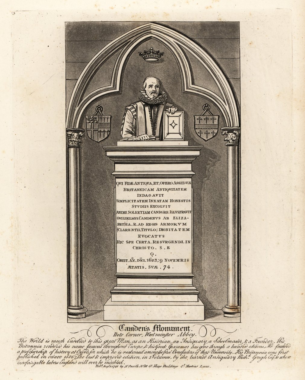 Gravmonument till den elisabethanske antikvarien och härolden William Camdem, död 1623, i Poets Corner, Westminster Abbey av John Thomas Smith