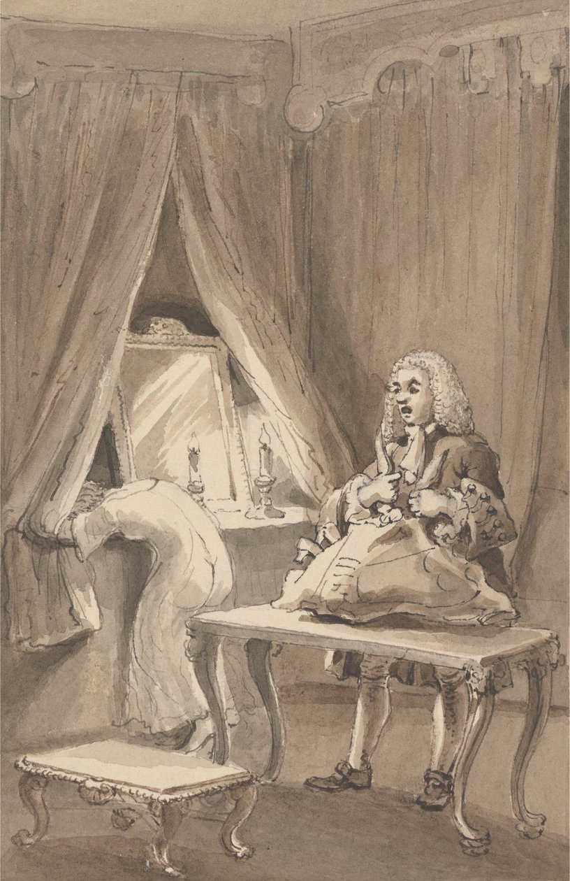 Hogarth, efter att hans fru hade tagit på sig en ny nattskjorta, knyter ihop hennes saker för att skicka till Sir James Thornhill med ett brev där han sa till honom: 