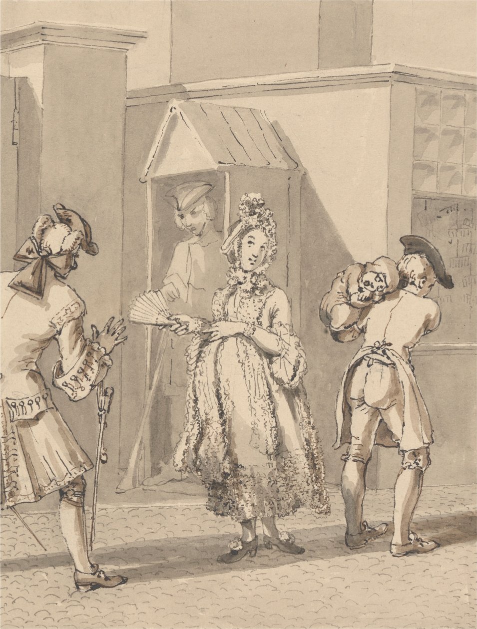 Hogarth bär sin mästares sjuka barn runt Leicester Fields. The Spot of Ground Leicester House. av John Thomas Smith