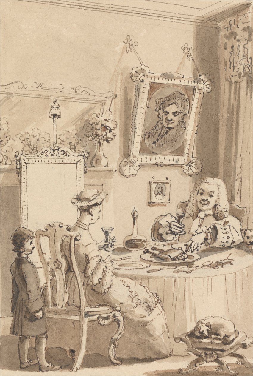 Hogarth dricker det första glaset vin med sin fru - deras hundar håller respektfullt avstånd av John Thomas Smith