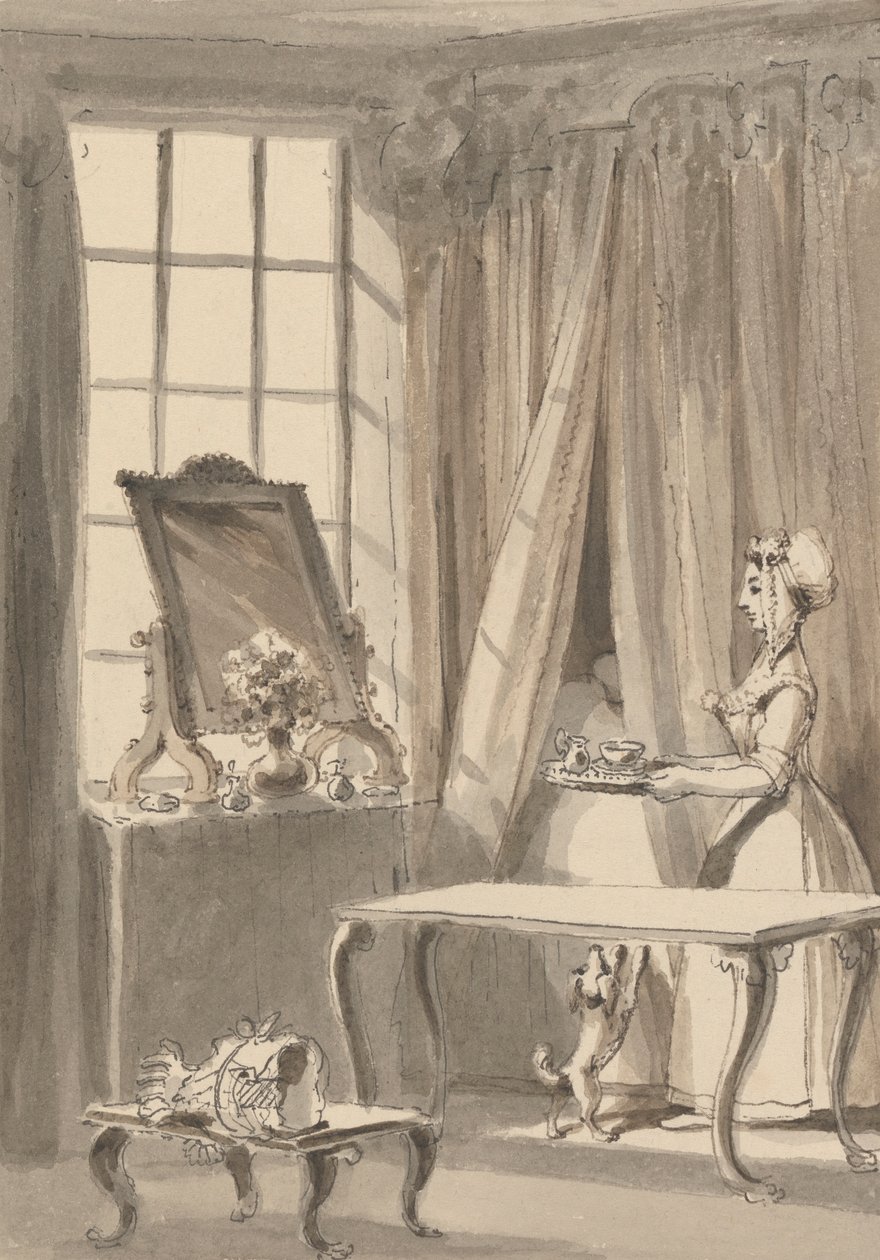 Hogarth har lagat frukost och skickar upp en kopp till sin fru samtidigt som han beordrar den lilla hunden att läggas in i hennes älskarinnas sängkammare av John Thomas Smith