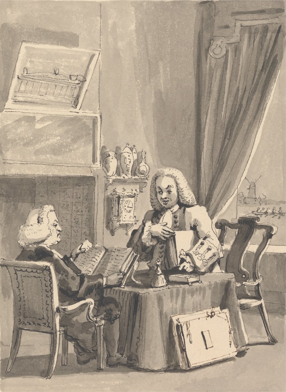 Hogarth ber sin beskyddare biskop Hoadley att se över sin MS. "Analysis of Beauty" av John Thomas Smith