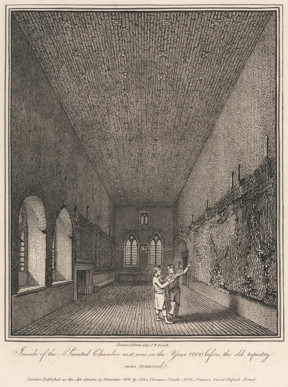 Inuti den målade kammaren som den var år 1800 innan den gamla gobelängen togs bort av John Thomas Smith