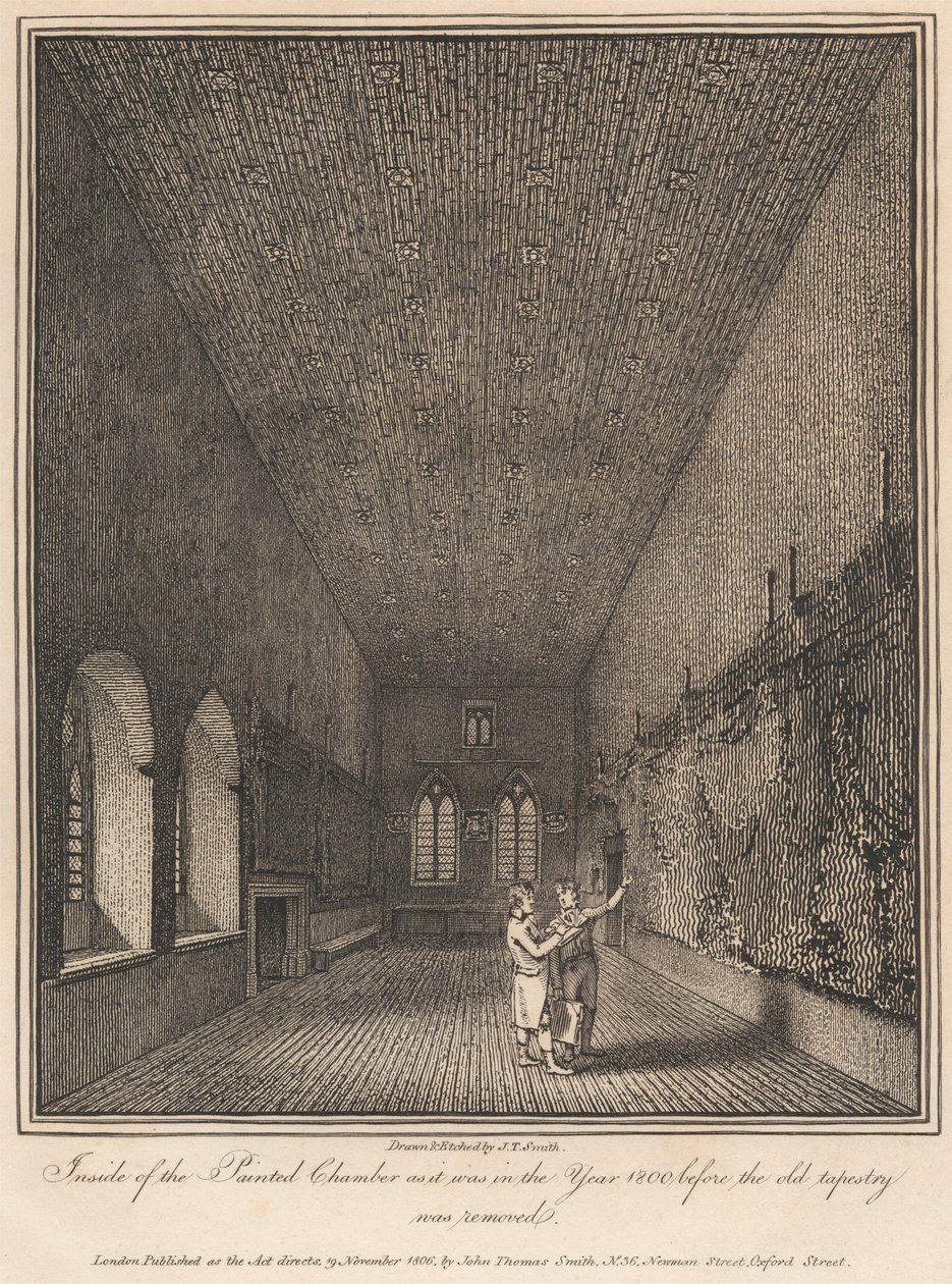 Inuti den målade kammaren som den var år 1800 innan den gamla gobelängen togs bort av John Thomas Smith