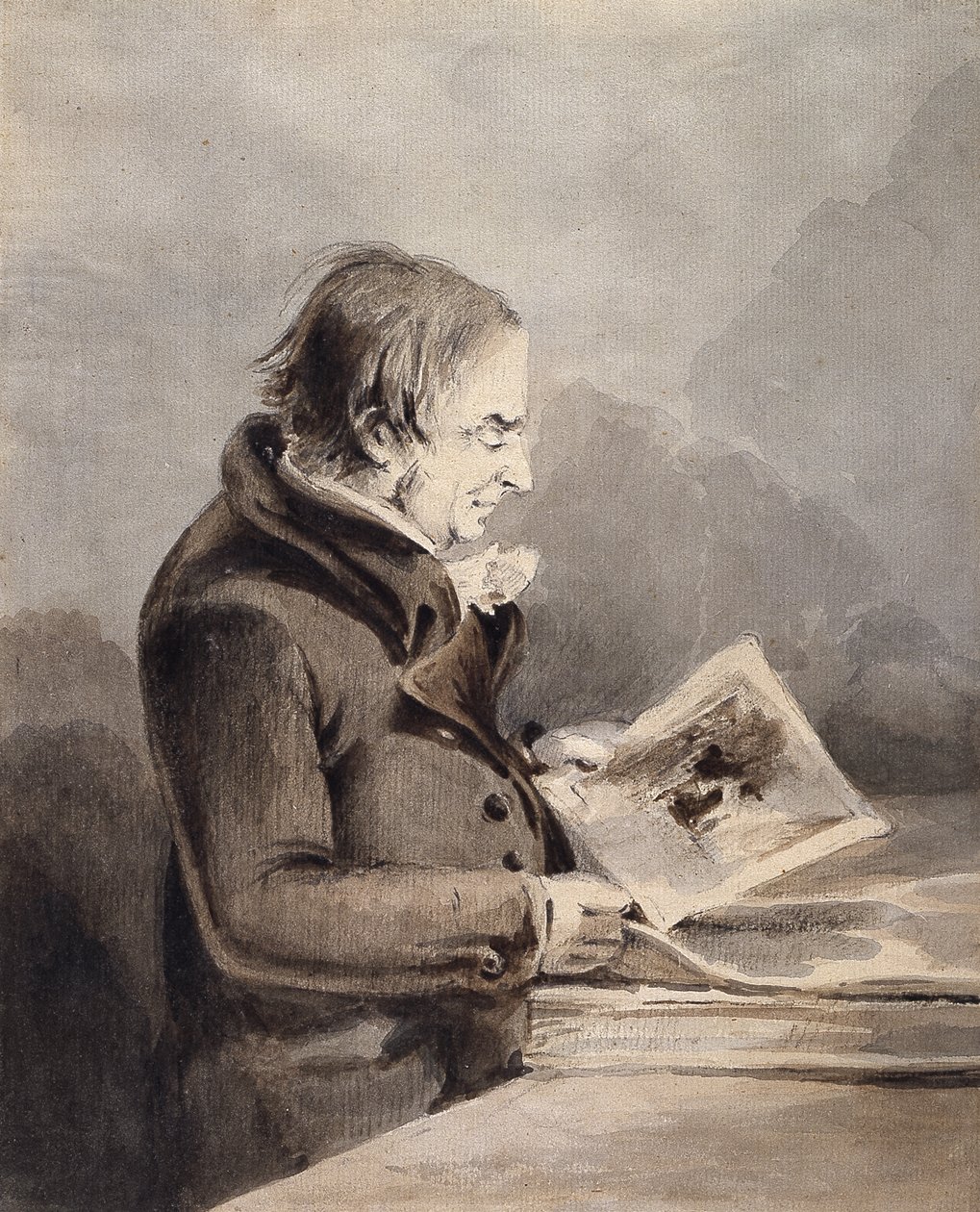 J.M.W. Turner In The British Museum (brunt och grått bläck tvättas över penna på vitt papper) av John Thomas Smith
