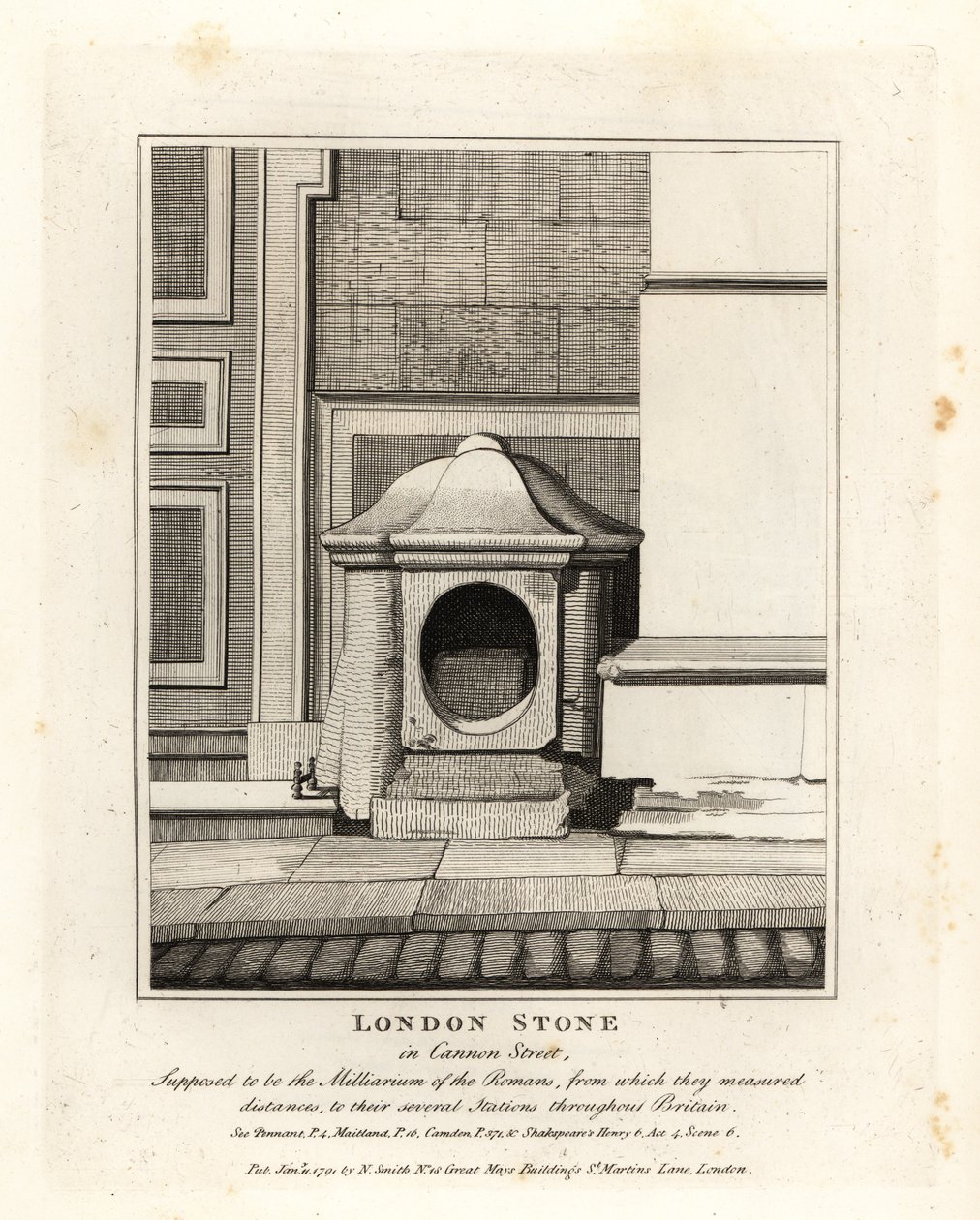 London Stone på Cannon Street, tänkt att vara romarnas milstolpe eller Milliarium av John Thomas Smith