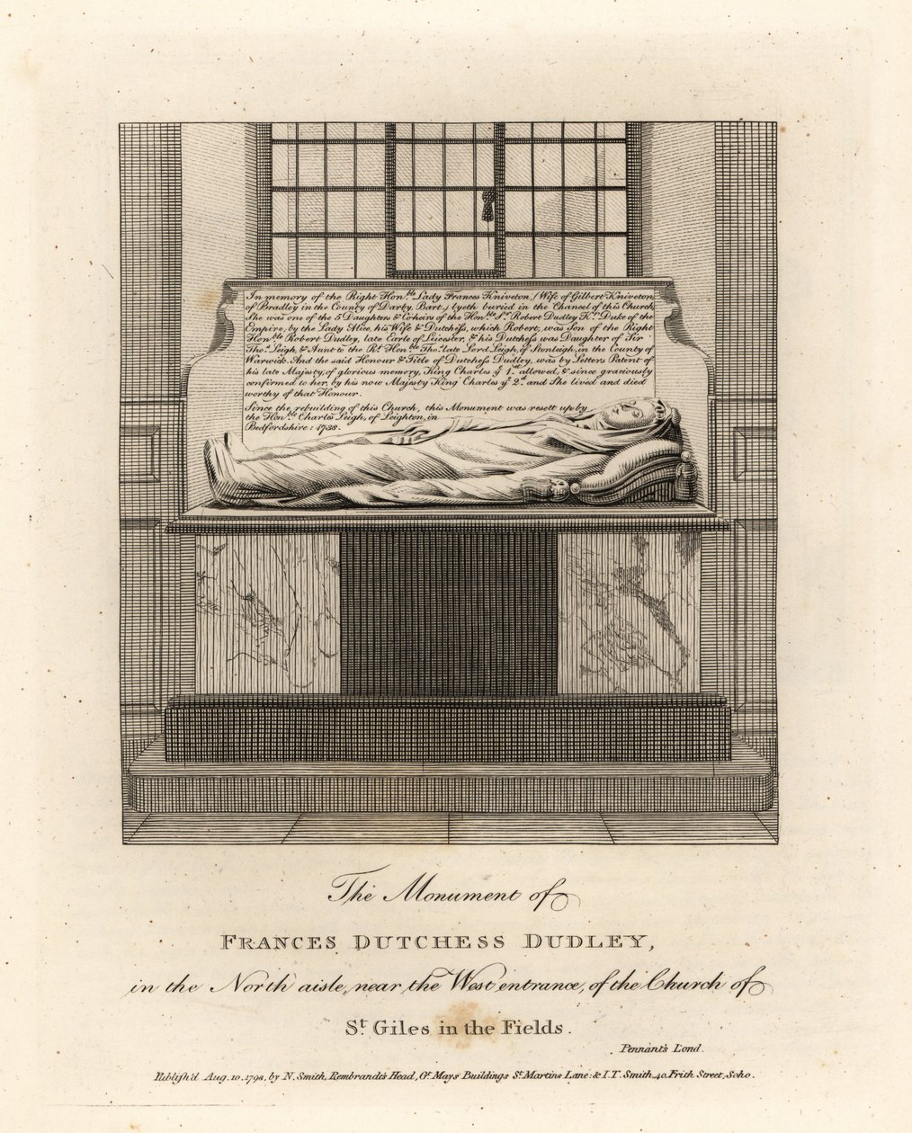 Monument över Lady Frances Kniveton, hertiginnan av Dudley, fru till Sir Gilbert Kniveton, i kyrkan St Giles in the Fields av John Thomas Smith