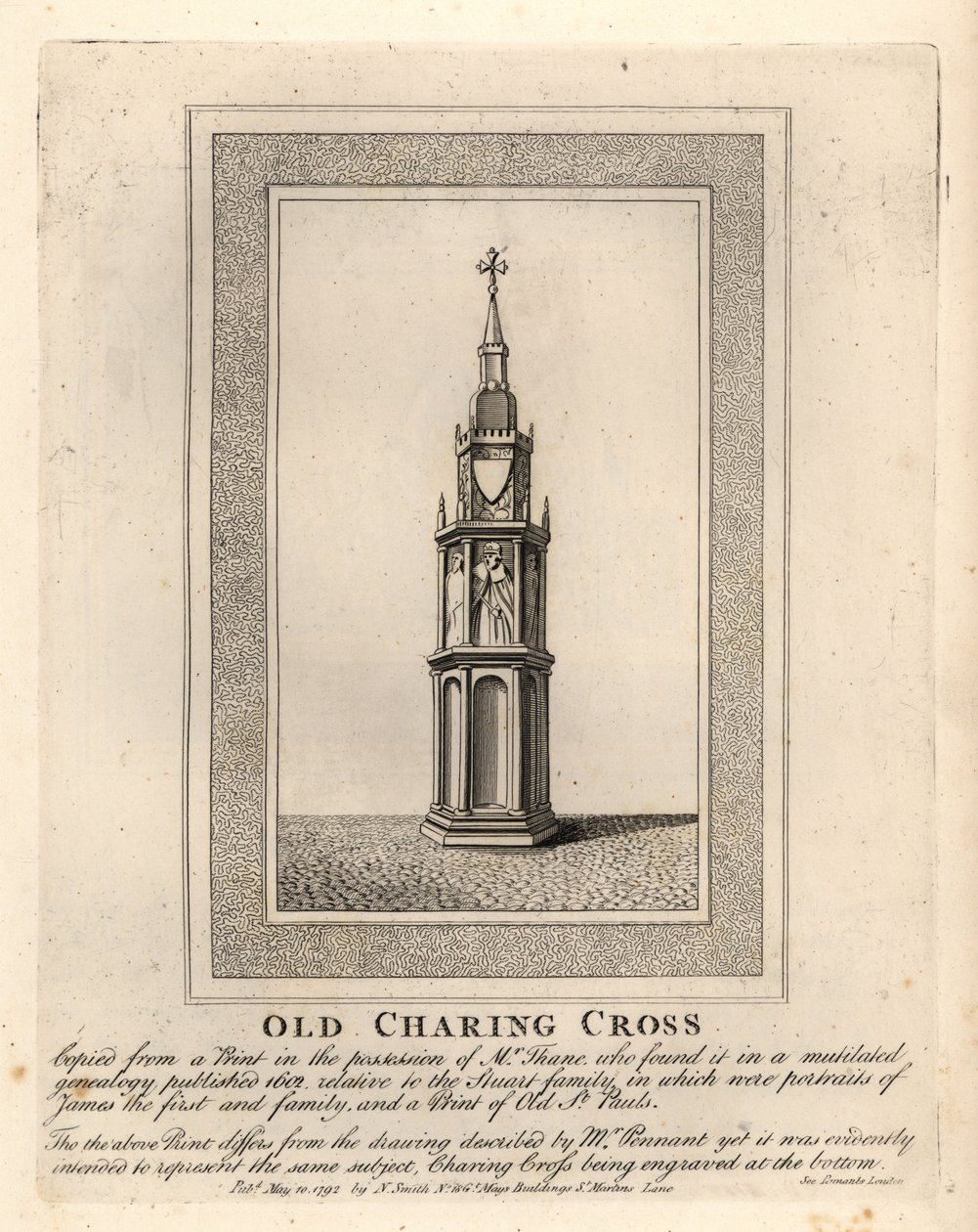 Old Charing Cross, ett av 12 medeltida eleanorkors, uppfört på 1290-talet tills det avlägsnades 1647 av John Thomas Smith