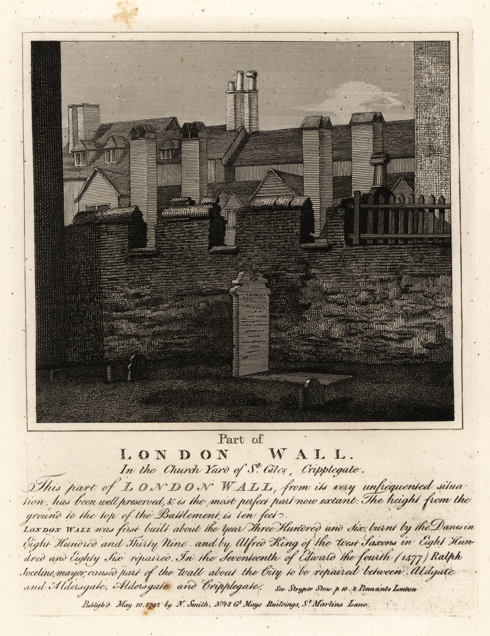 En del av den antika Londonmuren på kyrkogården i St Giles, Cripplegate, London av John Thomas Smith