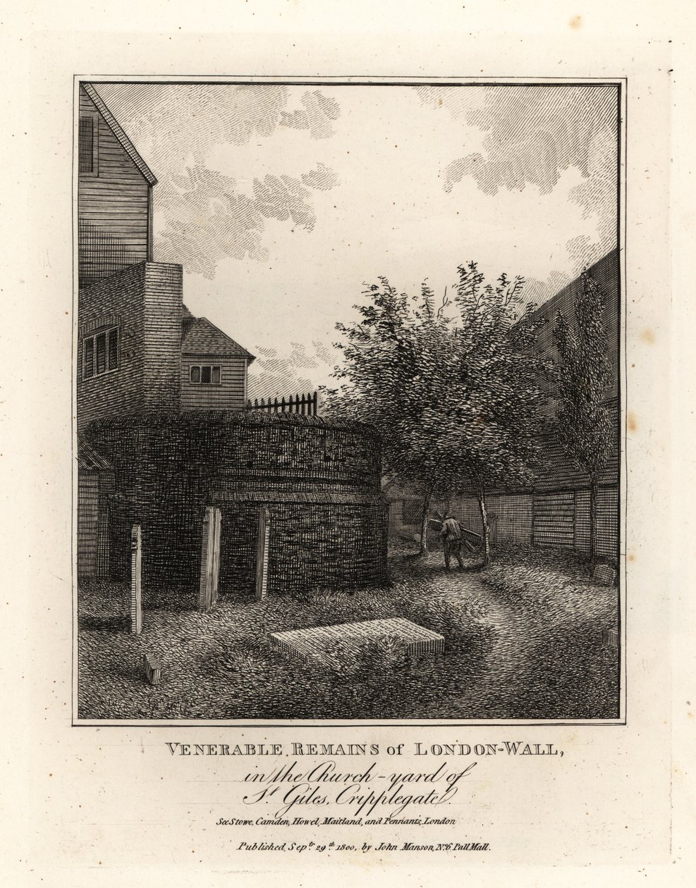 Rester av den romerska Londonmuren på kyrkogården i St Giles, Cripplegate av John Thomas Smith