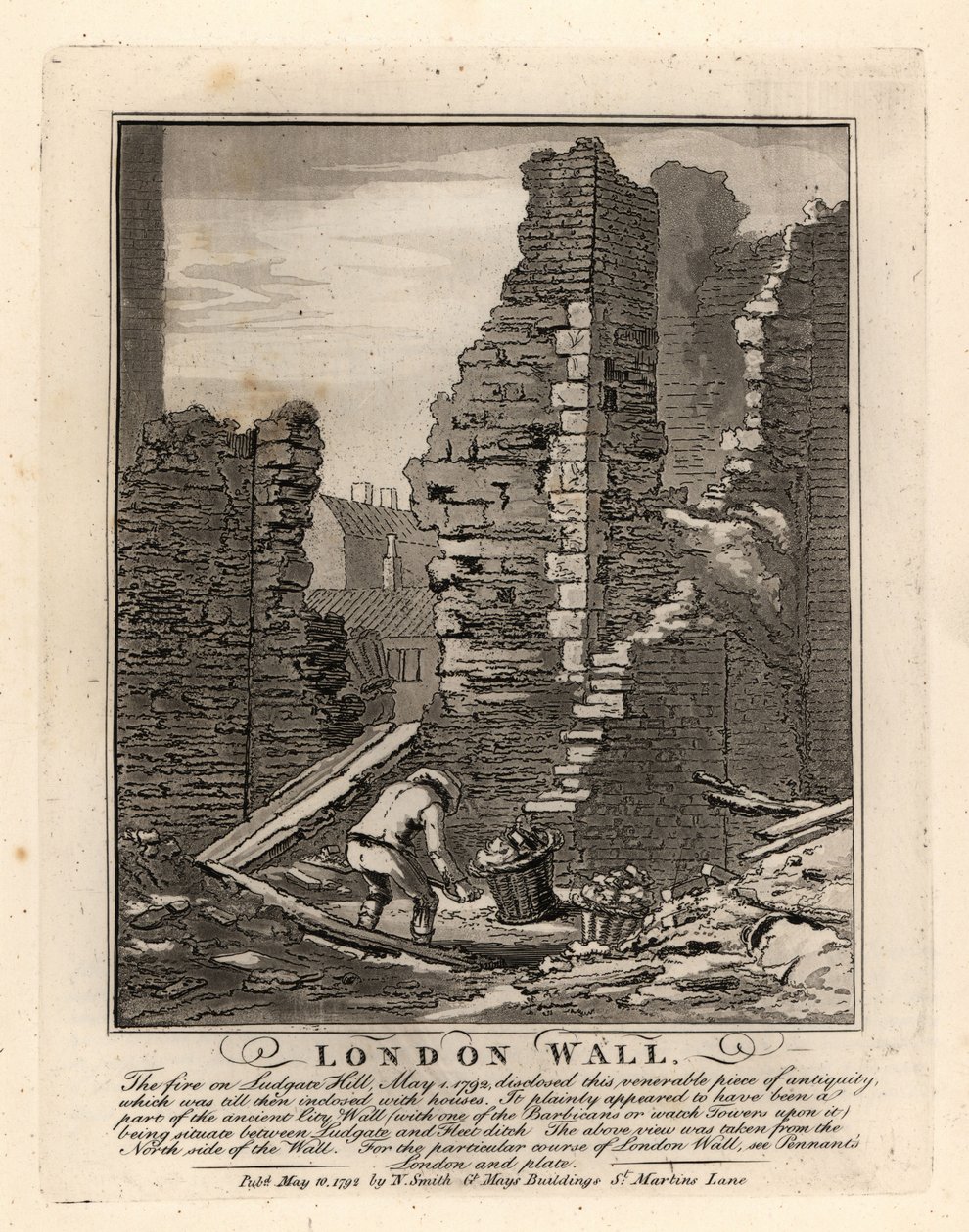Ruinerna av den romerska Londonmuren exponerade vid branden i maj 1792 på Ludgate Hill av John Thomas Smith