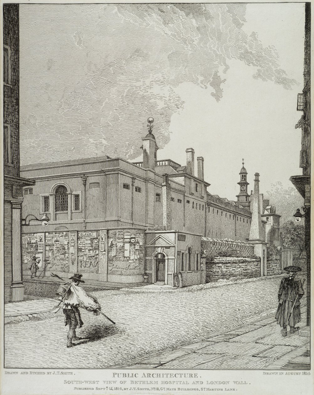 Sydvästlig vy av Bethlem Hospital och London Wall, 1814 av John Thomas Smith