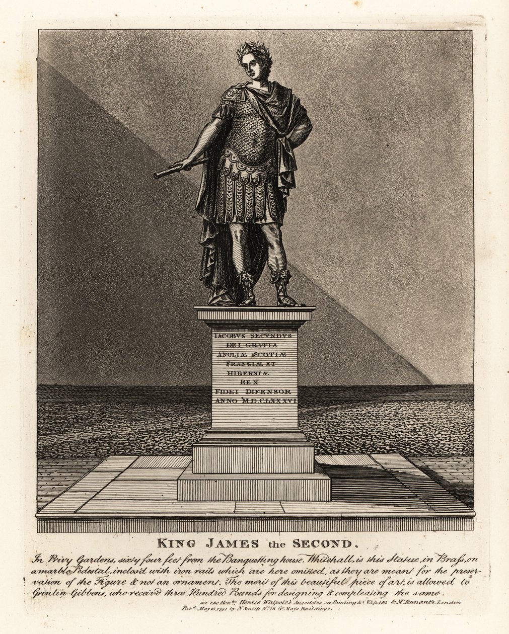Staty av kung James II av England i kostym som en romersk kejsare, Jacobus Seundus, designad av Grinlin Gibbons, i Privy Gardens av John Thomas Smith