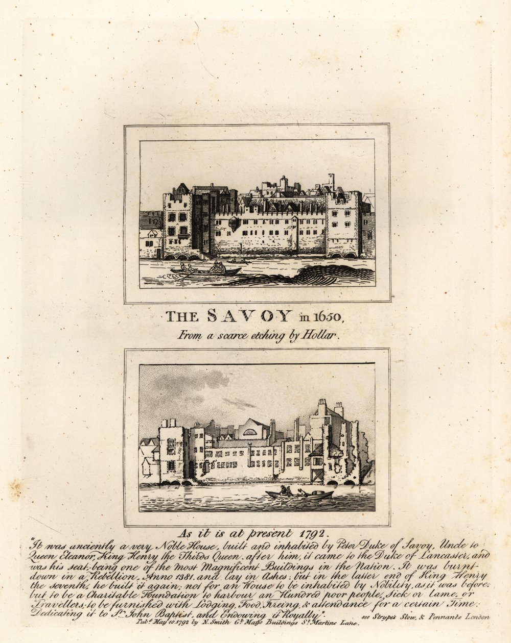 Savoy Hospital 1650 från ett tryck av Wenceslaus Hollar och i ruiner 1792 av John Thomas Smith