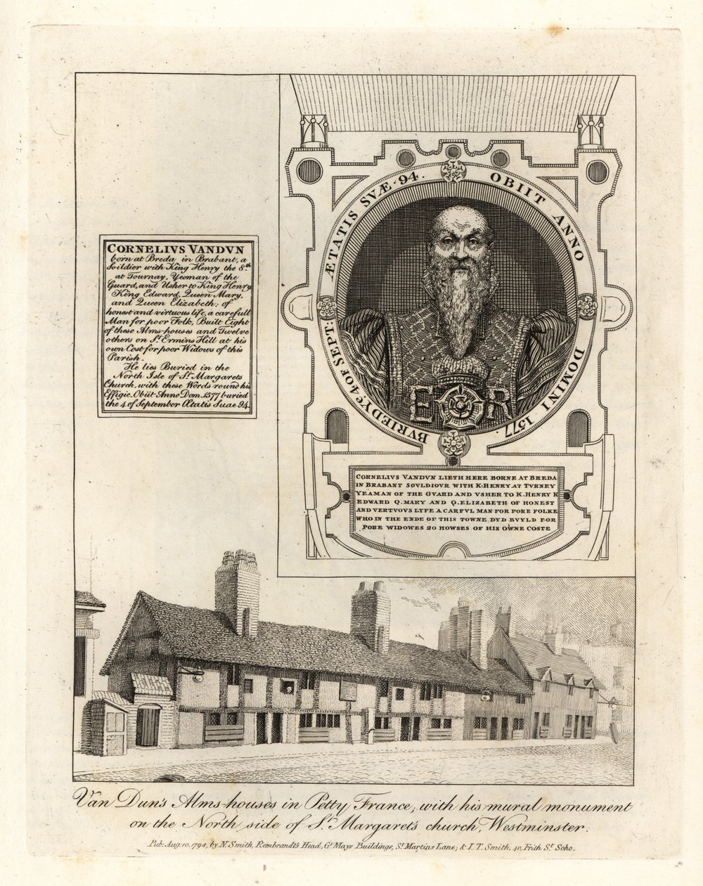 Van Duns allmosor i Petty France, med hans väggmonument i St Margaret