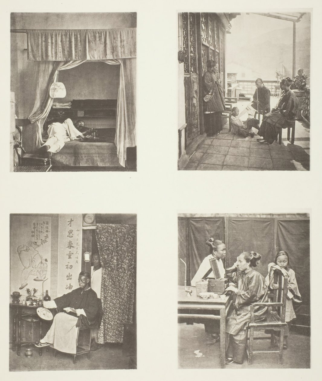 En doft av opiumröret hemma, Efter middagen, Reading for Honours, The Toilet, ca. 1868. av John Thomson
