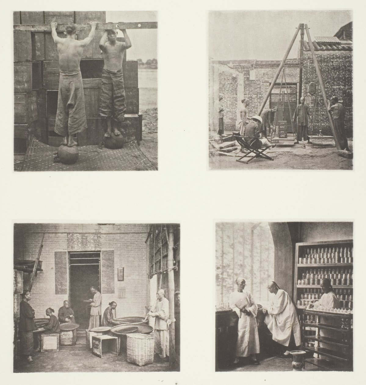 Rullning av doftande Caper- och Gunpowder-te; Vägning av te för export; Ett tehus, Canton; Ett teprovningsrum, Canton av John Thomson