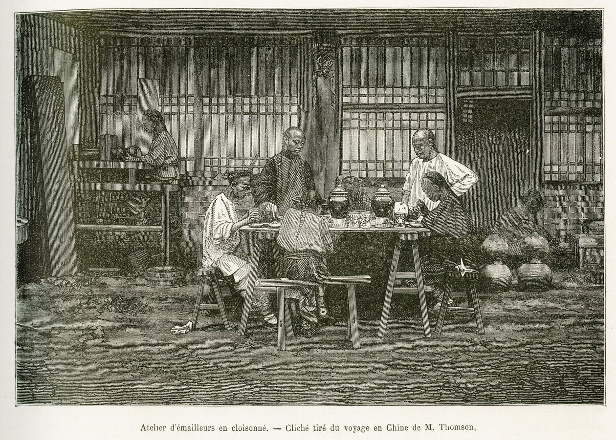 Hantverkarna i en cloisonneverkstad i Pekin. Gravyr efter ett fotografi av M.Thomson för att illustrera resan till Pekin och norra Kina, av T.Chutze, 1873, publicerad i "" Le tour du monde "" 1876, redigerad av Edouard Charton, upplaga Hachette, Pa av John Thomson