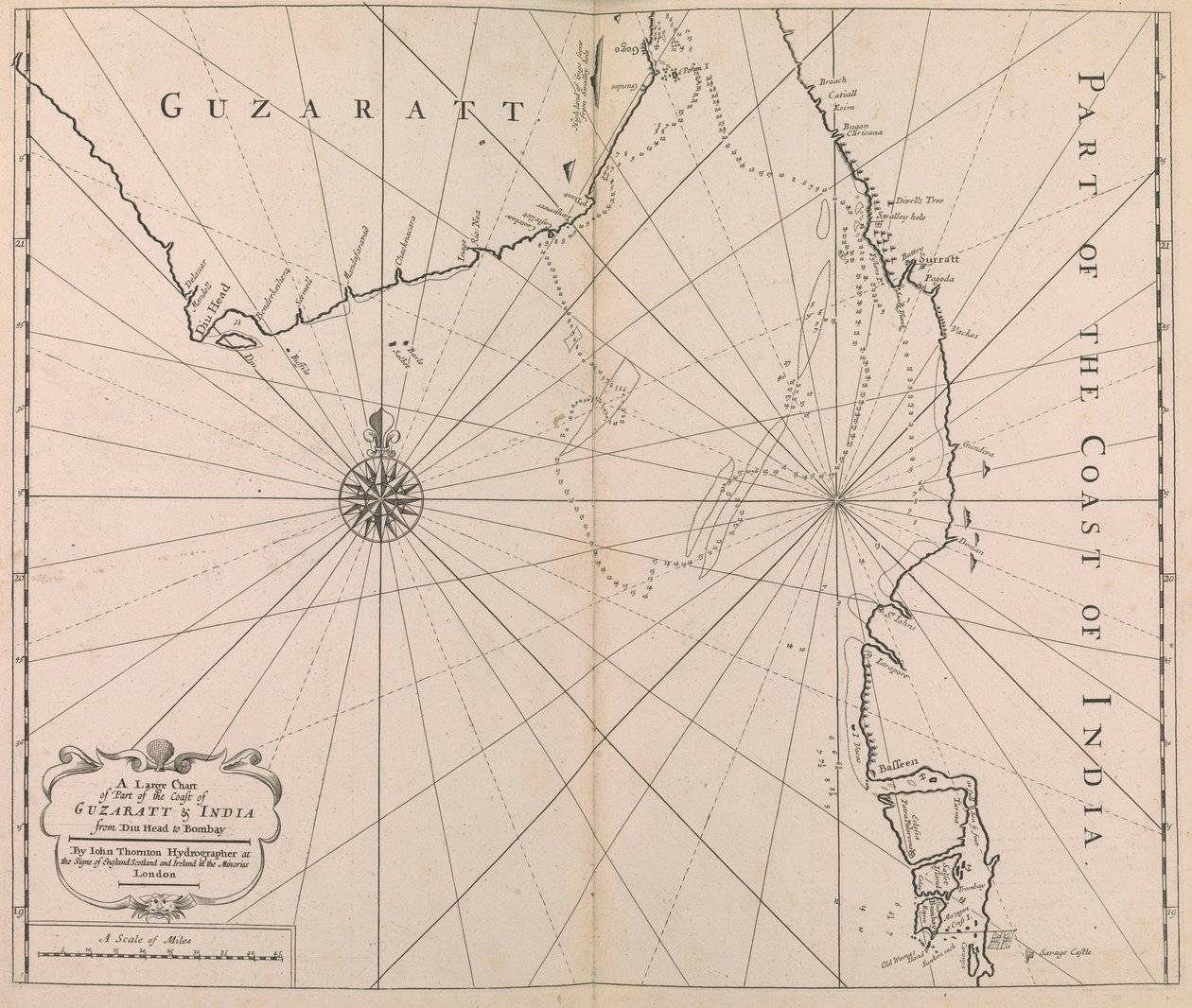 Ett stort sjökort över en del av GUZARATT  INDIAs kust från Diu Head till Bombay. (tryck) av John Thornton