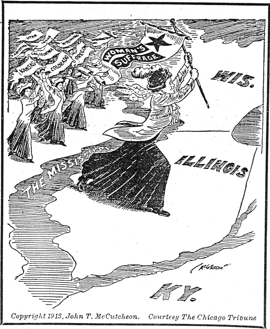Korsning in i Illinois, redaktionell tecknad serie av John Tinney McCutcheon