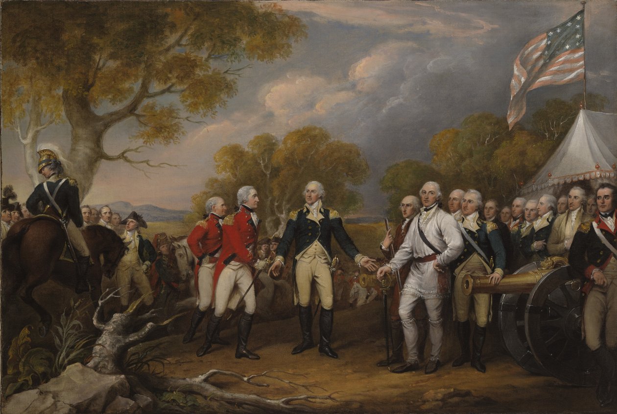 Slaget vid Saratoga, den brittiske generalen John Burgoyne överlämnade sig till den amerikanske generalen, Horatio Gates, 17 oktober 1777, ca 1822-32 av John Trumbull