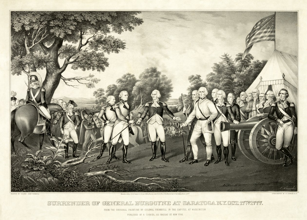 General Burgoynes kapitulation i Saratoga, N.Y., 17 oktober 1777, pub. N. Currier av John Trumbull