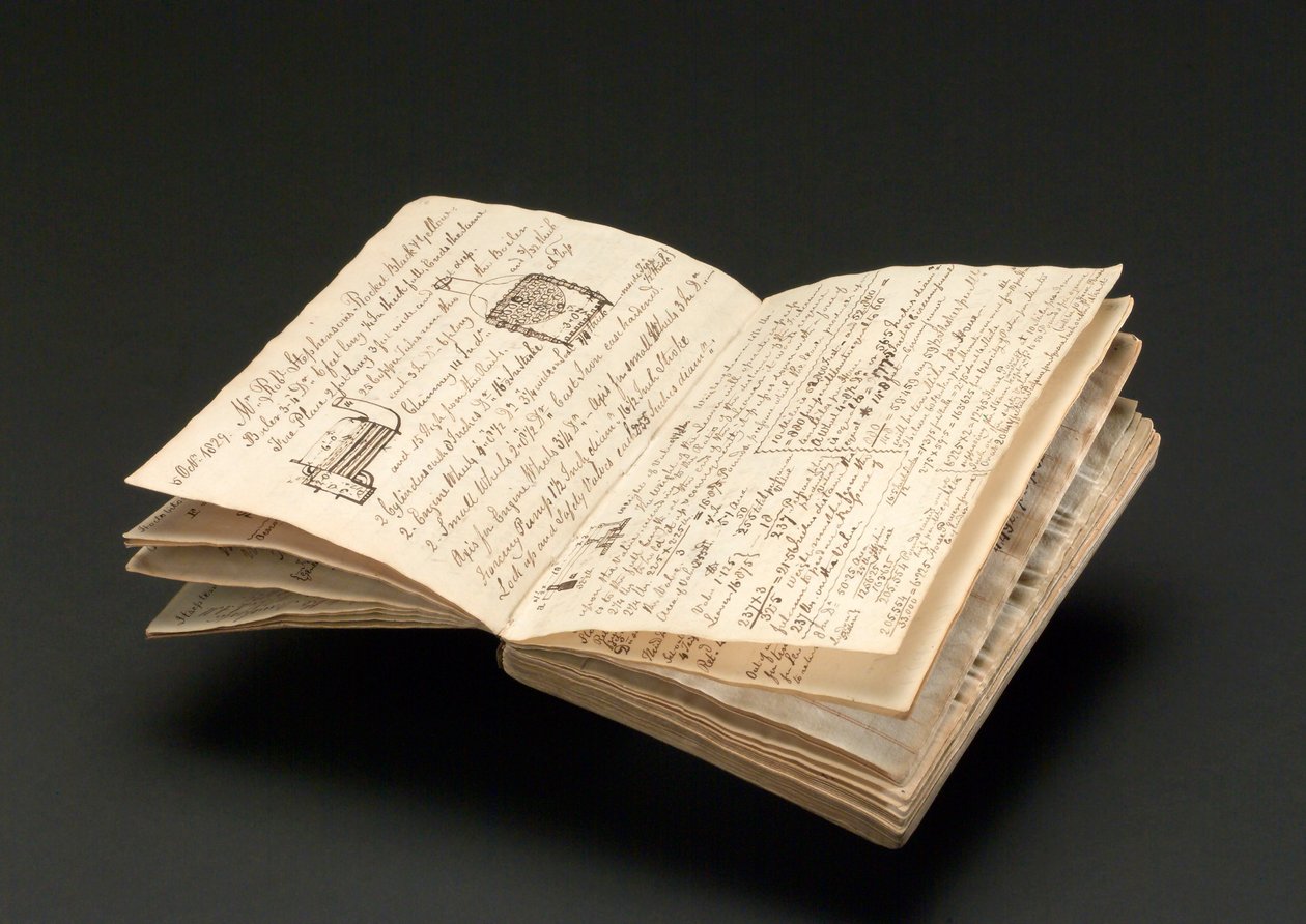 Anteckningsbok som tillhör John Urpeth Rastrick, som användes för att registrera detaljer om Rainhill-lokomotivförsöken 1829 (penna och bläck på papper) av John Urpeth Rastrick