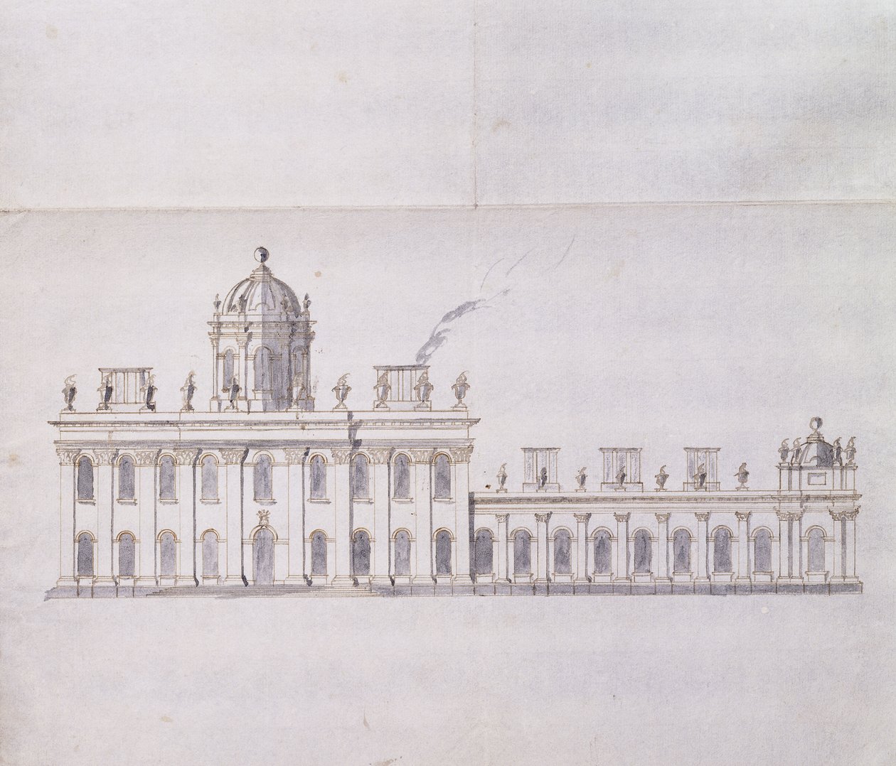 Castle Howard, Yorkshire: En schematisk pennskiss som visar utvecklingen av Forecourt Wings, ca 1699 (penna och brunt bläck och grå tvätt) av John Vanbrugh