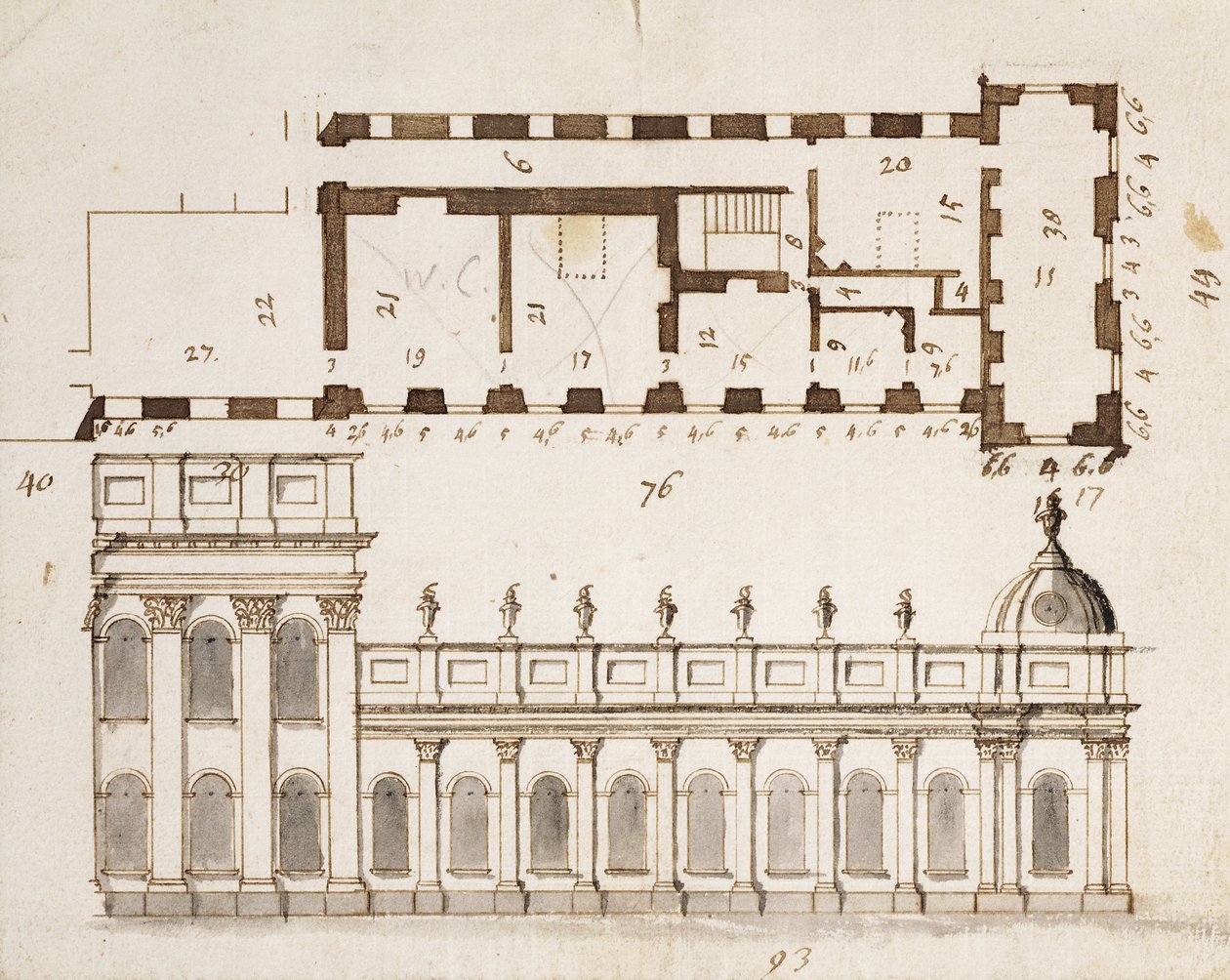 Castle Howard, Yorkshire: An Early Design for the three Bays of the Elevation of the South eller Garden Front och nio Bay envånings lägre laterala vingar med en insättning av grundplanen, c.1699 (penna av John Vanbrugh