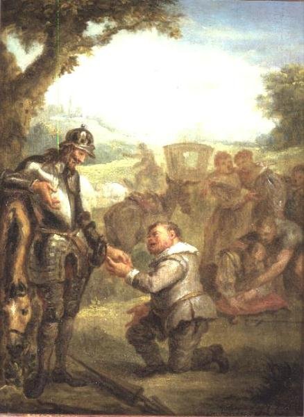 Don Quijote efter duellen med den modige Biscayan lutar sig mot sin häst Rosinante, medan Sancho Panchez ber om guvernörskap på ön Barataria, scen från Cervantes 