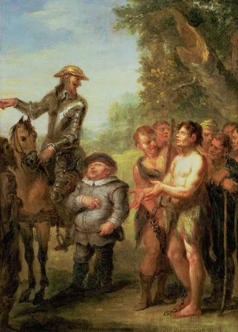 Don Quijote befriar galärslavarna, från Cervantes Don Quijote (panel) av John Vanderbanck