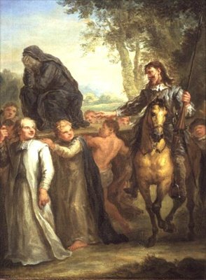 Don Quijote missar en staty av Jungfru Maria, som bärs i procession, som en kvinna tagen mot sin vilja, från Cervantes 